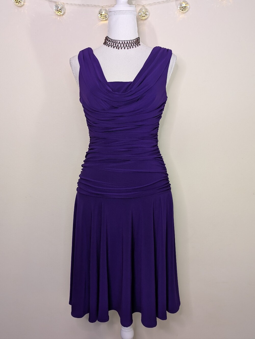 Ruched Cowl Neck Midi Dress in Deep Purple